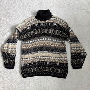 Vintage Bugle Boy for Her Fair Isle Turtleneck Sweater Black Tan Adele Knit USA